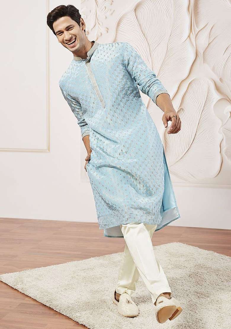 Blue Floral Print Poly Blend Kurta For Men - Indya