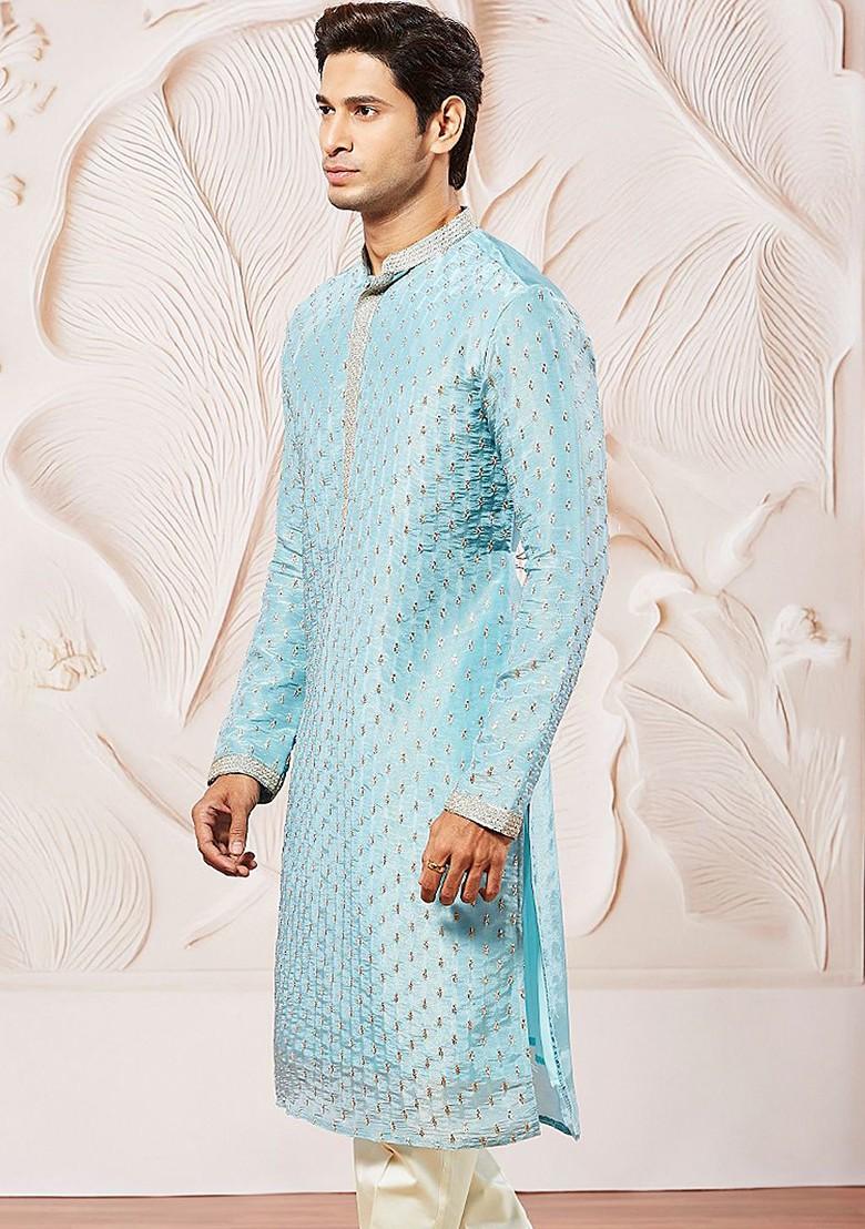 Blue Floral Print Poly Blend Kurta For Men