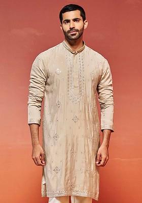 Beige Ethnic Motifs Poly Blend Kurta For Men