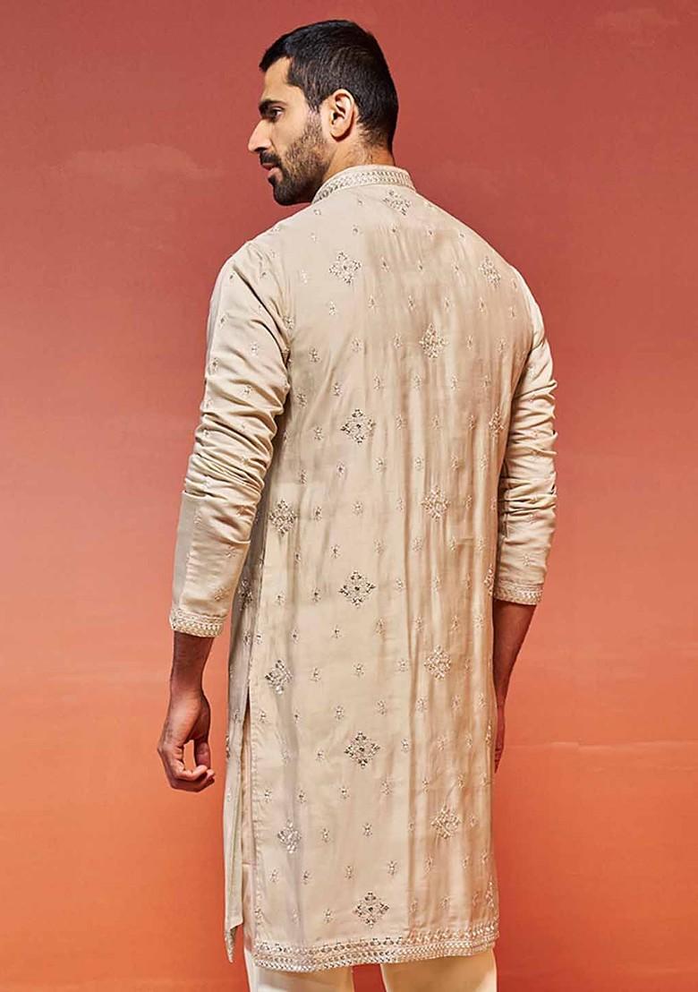 Beige Ethnic Motifs Poly Blend Kurta For Men