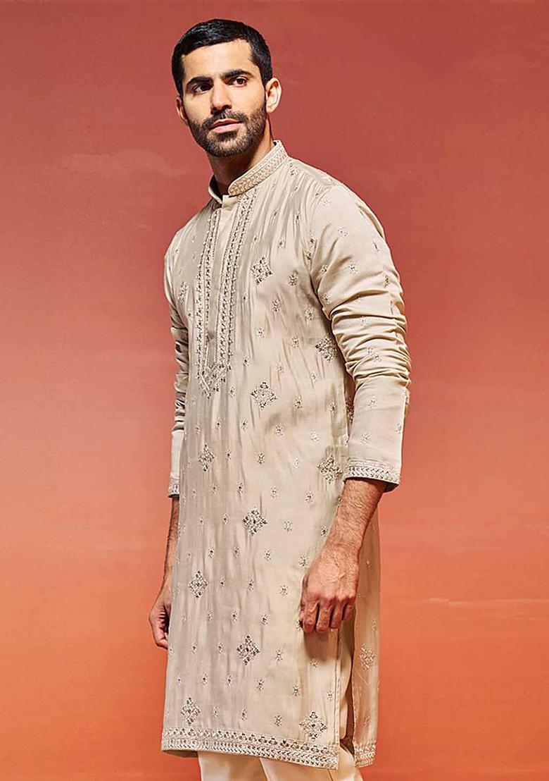 Beige Ethnic Motifs Poly Blend Kurta For Men