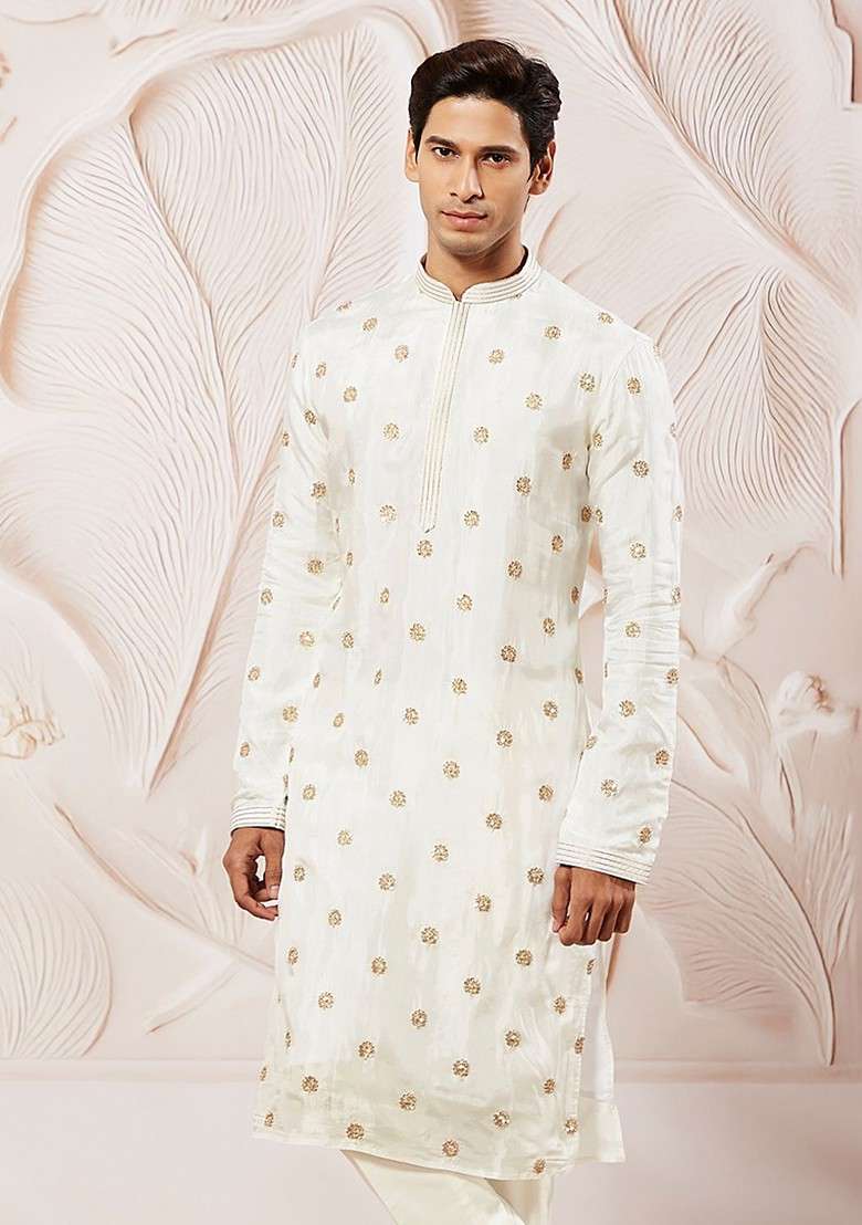 White Floral Print Silk Blend Kurta For Men - Indya