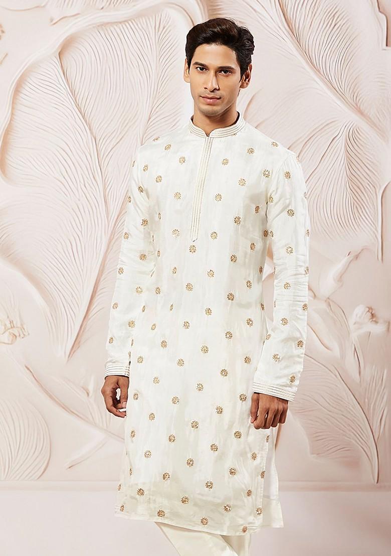 White Floral Print Silk Kurta For Men