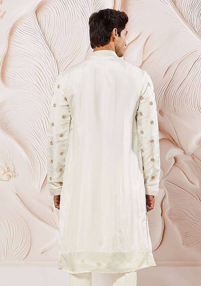 White Floral Print Silk Blend Kurta For Men - Indya