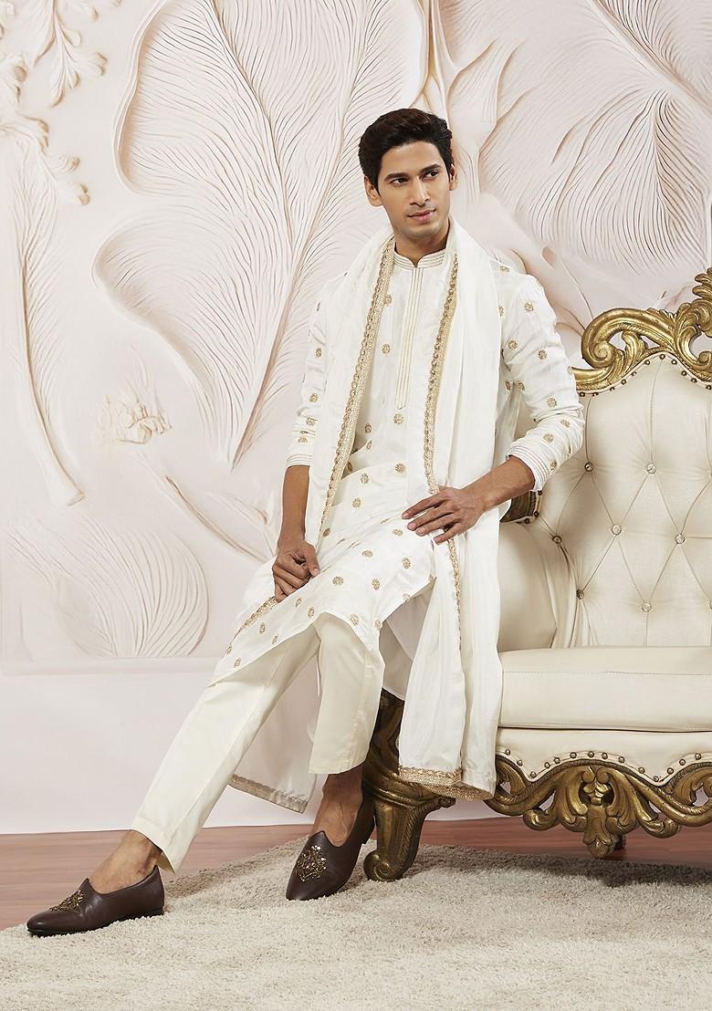 White Floral Print Silk Kurta For Men