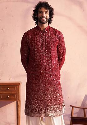 Maroon Embellished Poly Blend Kurta For Men