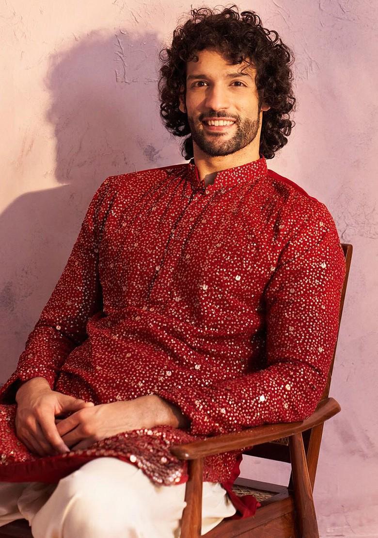 Maroon Embellished Poly Blend Kurta For Men