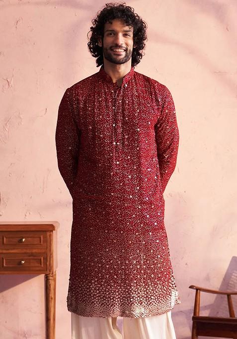 Maroon Embellished Poly Blend Kurta For Men — view on Indya