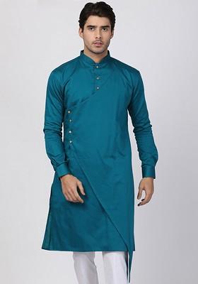 Turquoise Blue Solid Cotton Kurta For Men