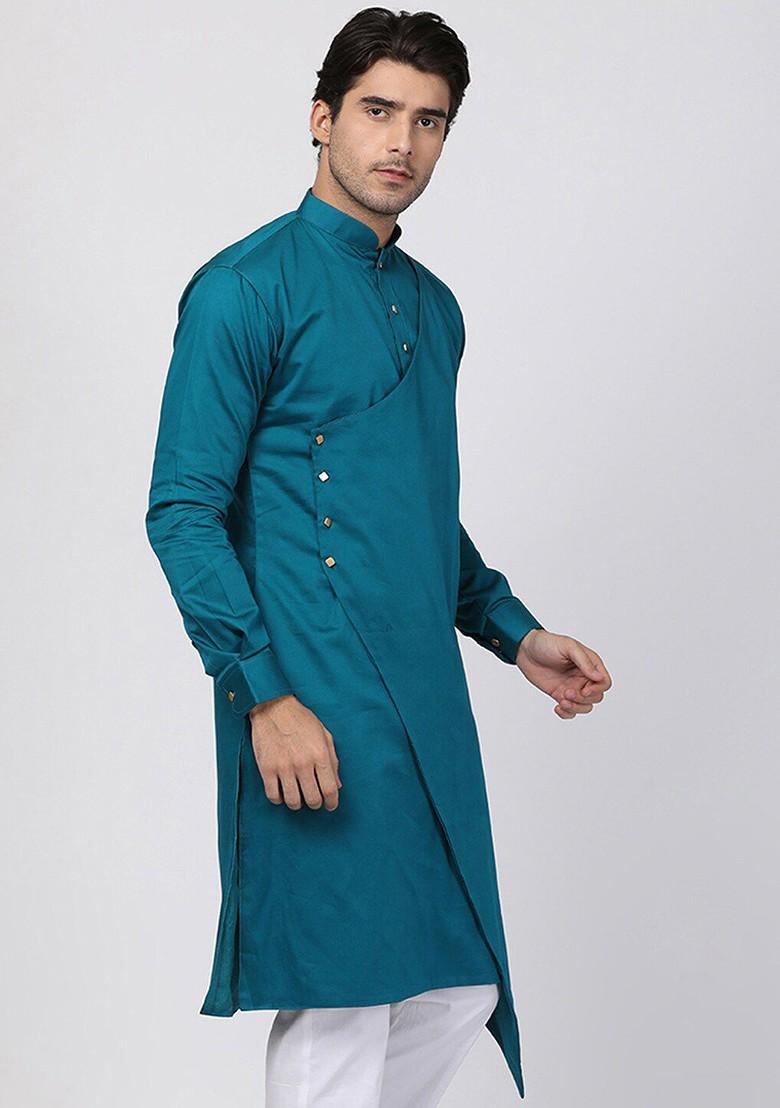 Turquoise Blue Solid Cotton Kurta For Men