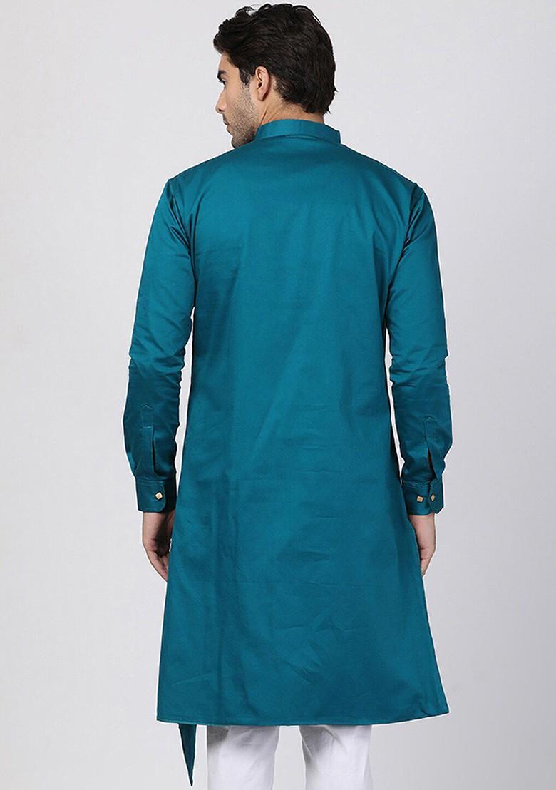 Turquoise Blue Solid Cotton Kurta For Men