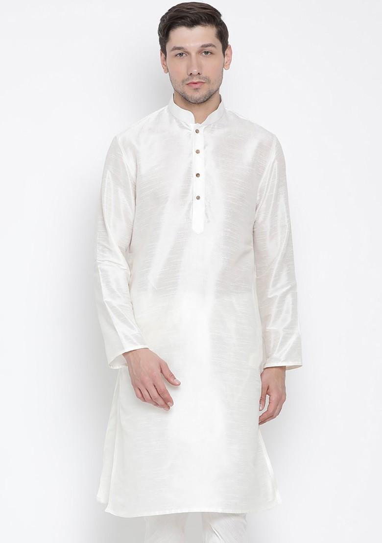 Cream Solid Poly Blend Kurta For Men