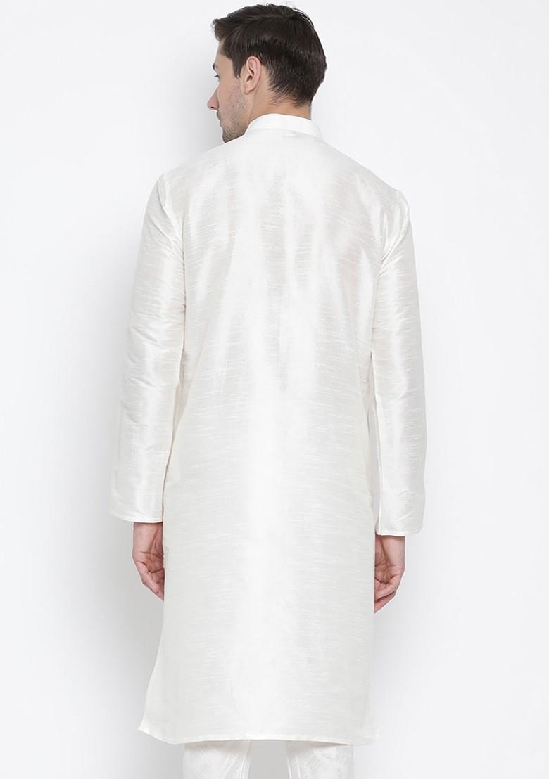 Cream Solid Poly Blend Kurta For Men