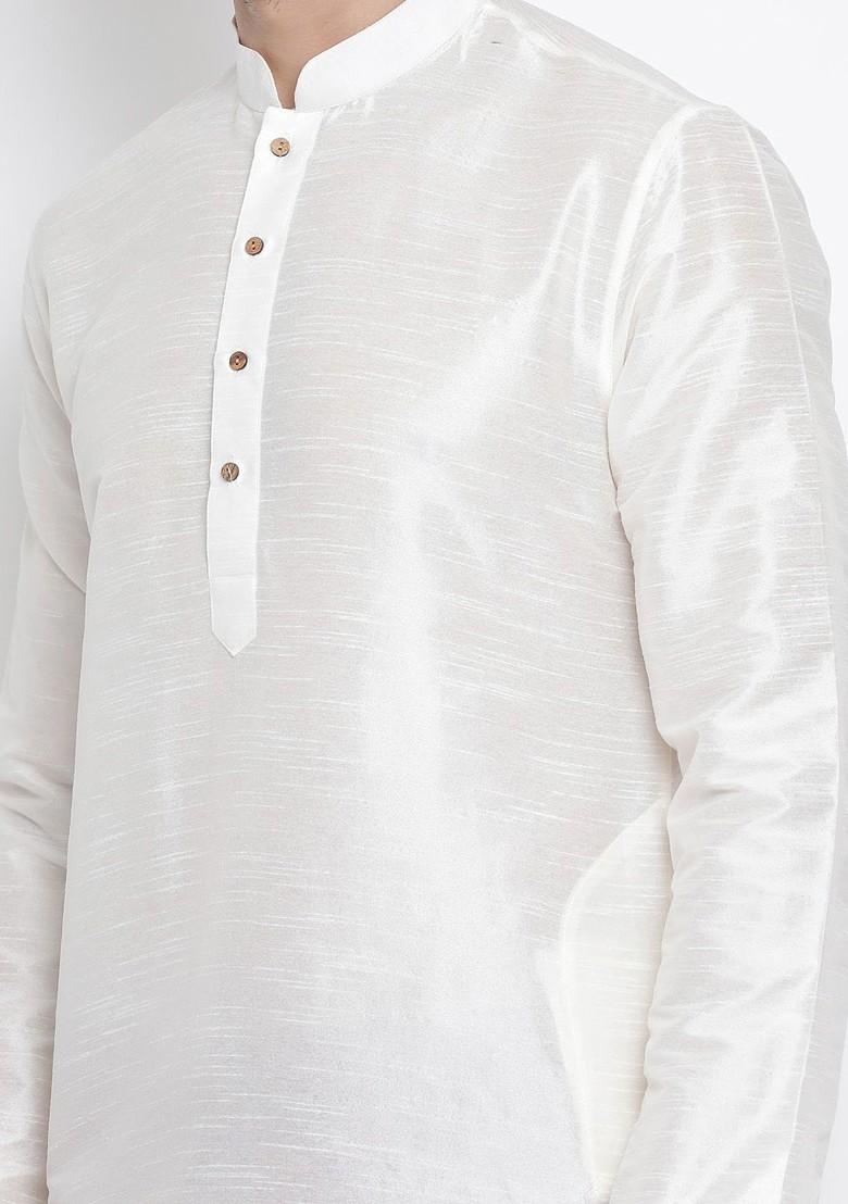 Cream Solid Poly Blend Kurta For Men