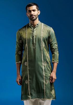 Green Embroidered Poly Blend Kurta For Men