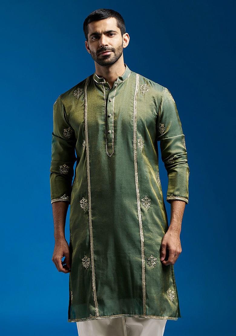 Green Embroidered Poly Blend Kurta For Men