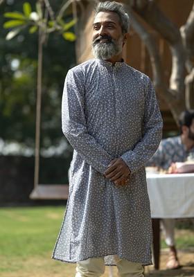 Grey Thread Work Poly Blend Kurta For Men