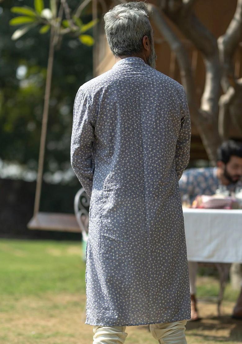 Grey Thread Work Poly Blend Kurta For Men