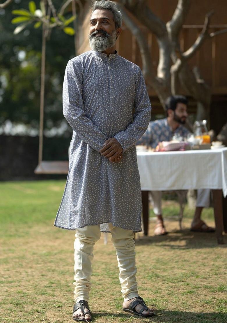 Grey Thread Work Poly Blend Kurta For Men