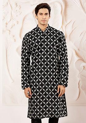 Black Embroidered Poly Blend Kurta For Men