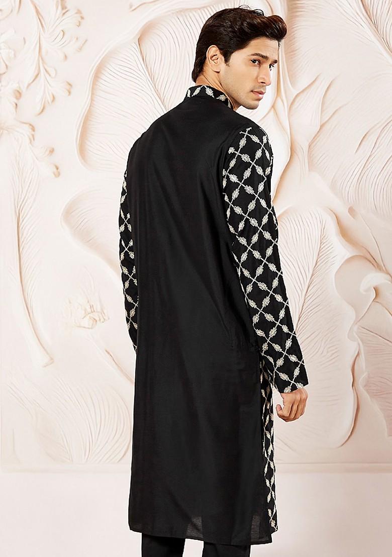 Black Embroidered Poly Blend Kurta For Men