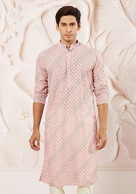 Pink Ethnic Motifs Poly Blend Kurta For Men
