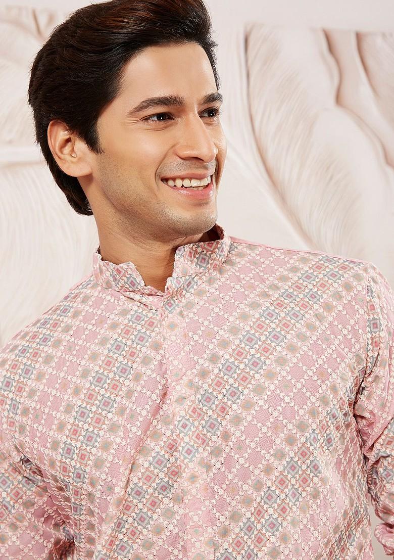 Pink Ethnic Motifs Poly Blend Kurta For Men