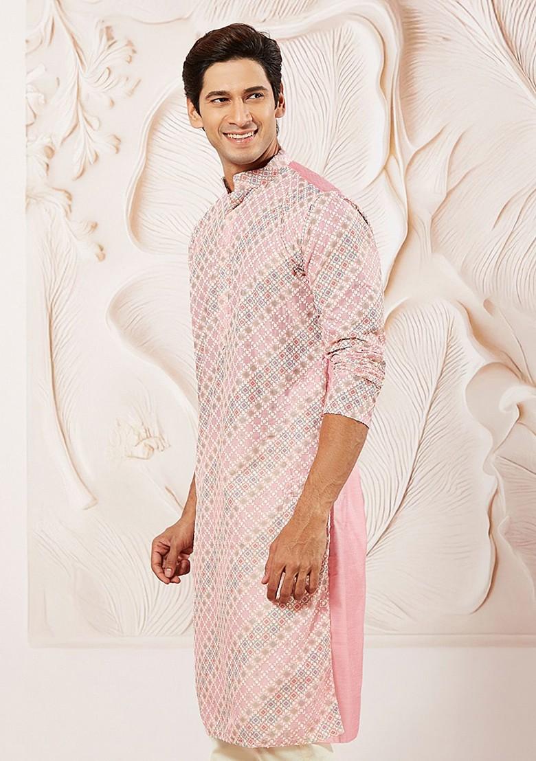 Pink Ethnic Motifs Poly Blend Kurta For Men
