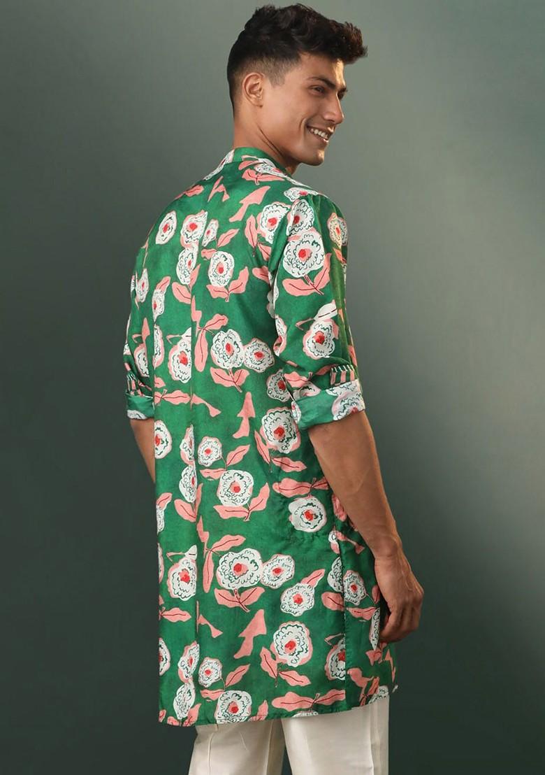 Green Floral Print Poly Blend Kurta For Men