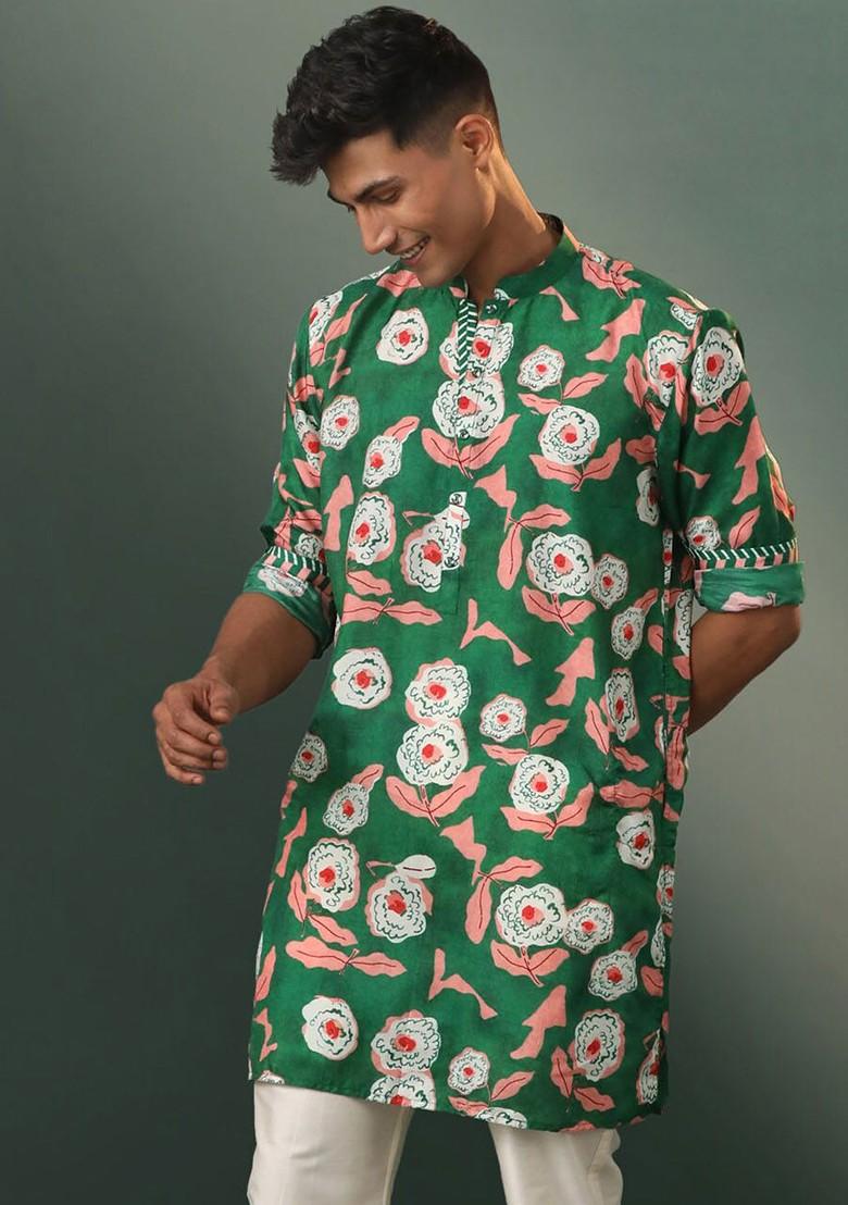 Green Floral Print Poly Blend Kurta For Men