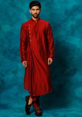Maroon Solid Poly Blend Kurta For Men