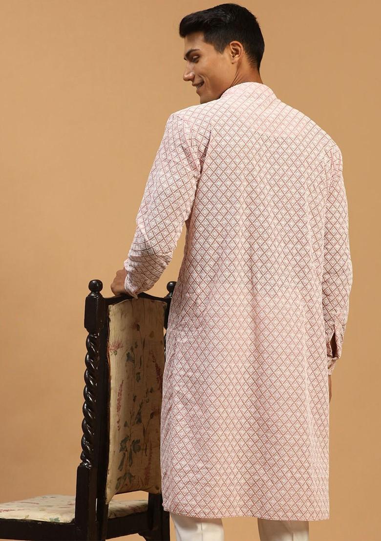 Pink Embroidered Poly Blend Kurta For Men