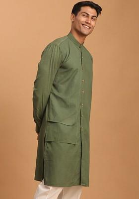Olive Solid Cotton Kurta For Men