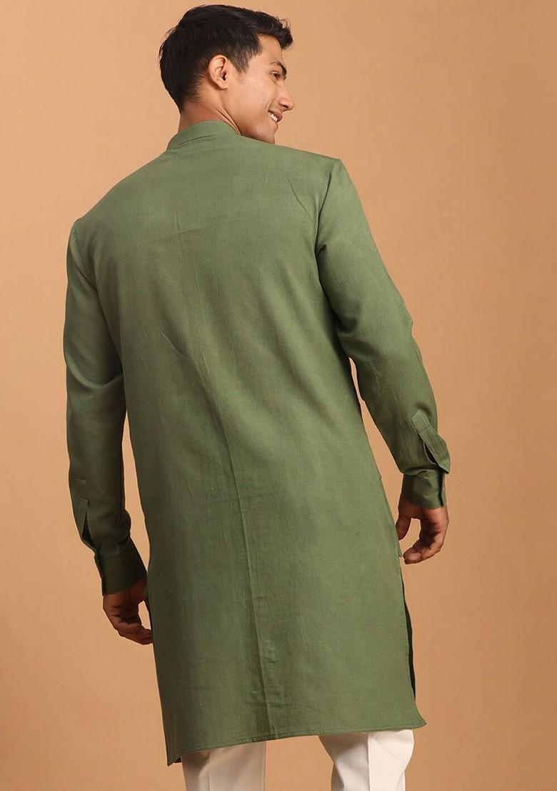 Olive Solid Cotton Kurta For Men