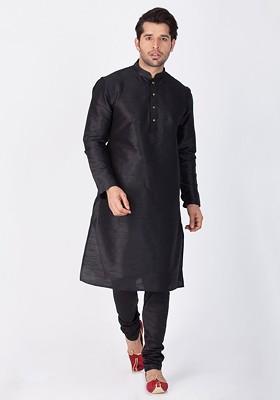 Black Solid Poly Blend Kurta For Men