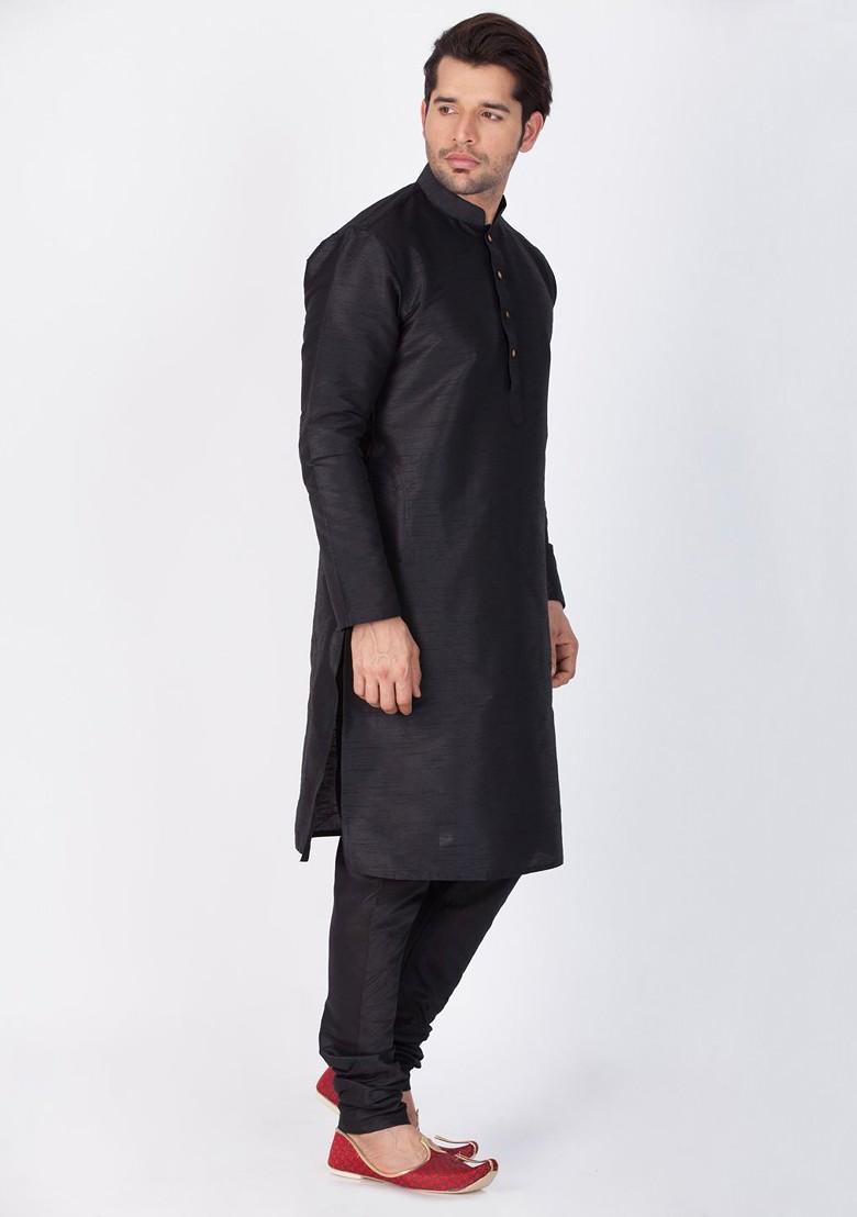 Black Solid Poly Blend Kurta For Men