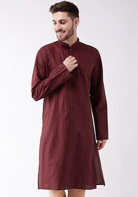 Maroon Striped Poly Blend Kurta For Men