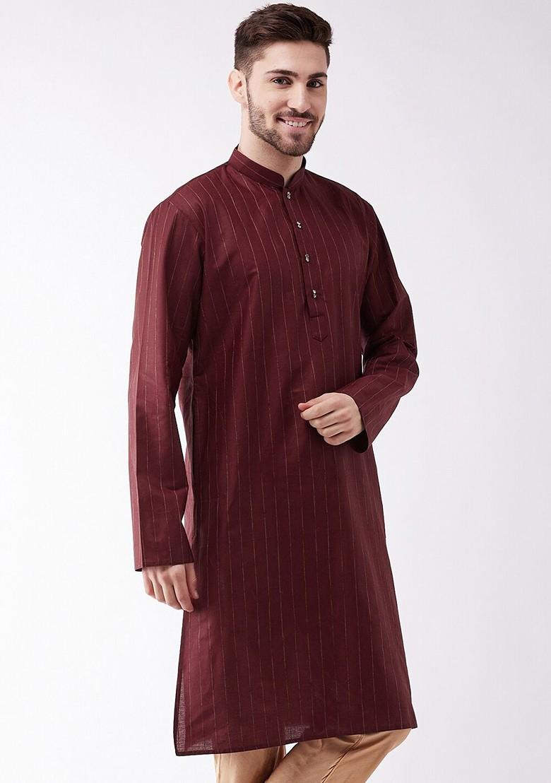 Maroon Striped Poly Blend Kurta For Men