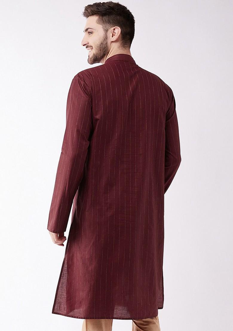 Maroon Striped Poly Blend Kurta For Men