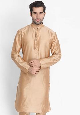 Rose Gold Thread Work Poly Blend Kurta For Men