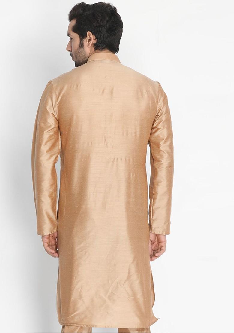 Rose Gold Thread Work Poly Blend Kurta For Men