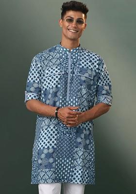Blue Geometric Print Cotton Kurta For Men