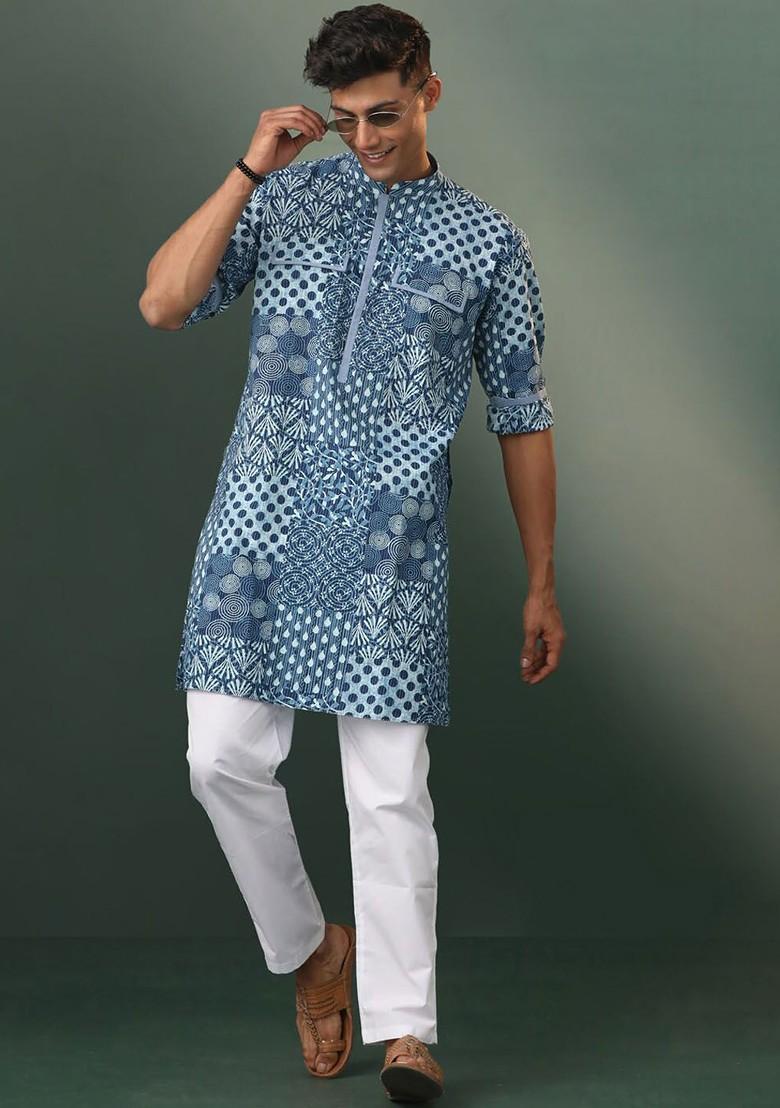 Blue Geometric Print Cotton Kurta For Men