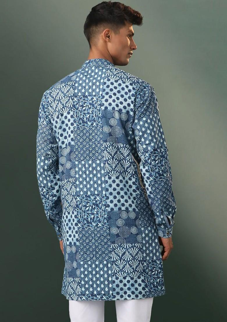 Blue Geometric Print Cotton Kurta For Men