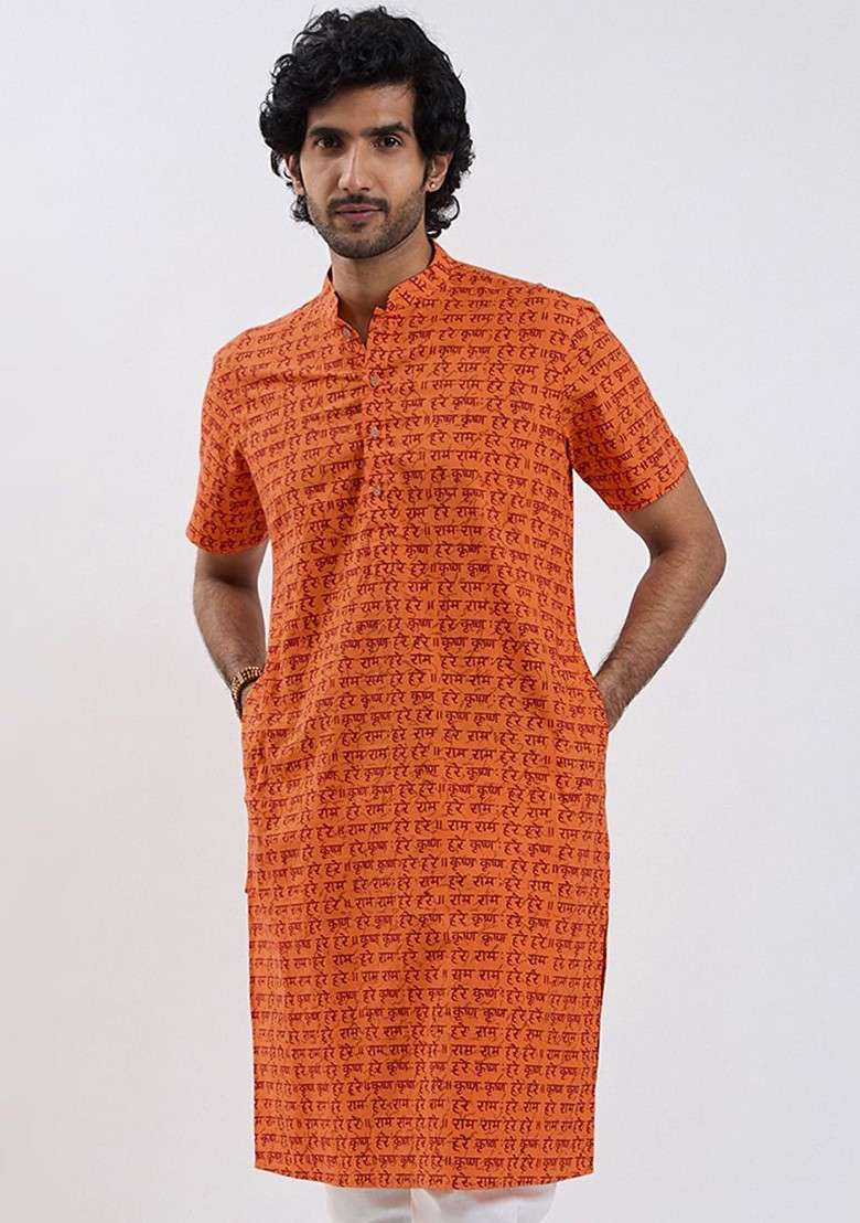 Orange Printed Cotton Kurta For Men - Indya