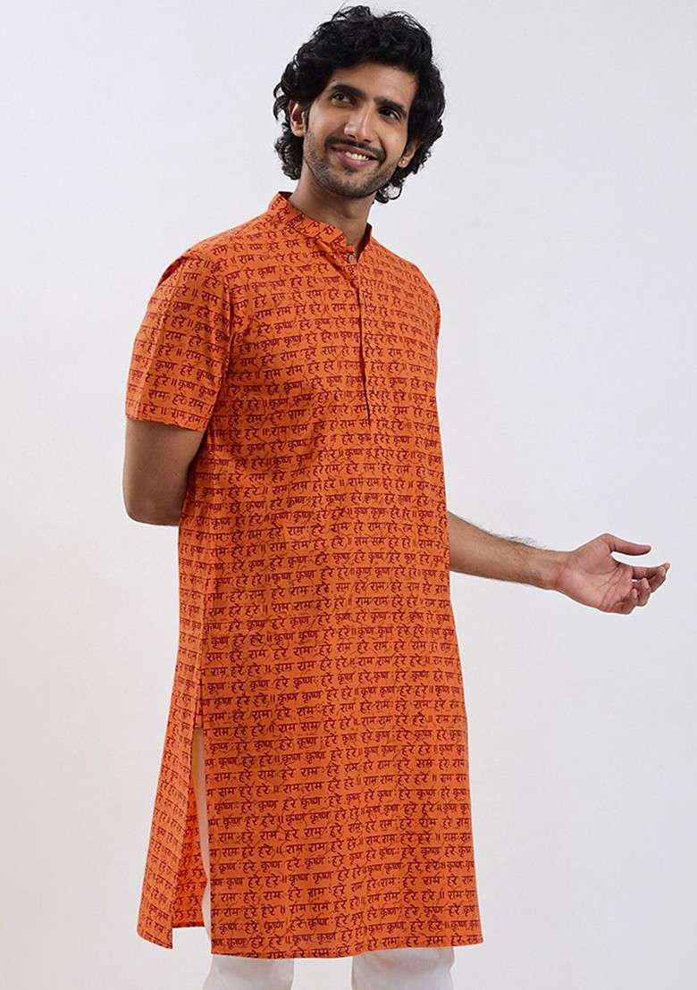 Orange Printed Cotton Kurta For Men - Indya