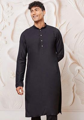 Black Solid Poly Blend Kurta For Men