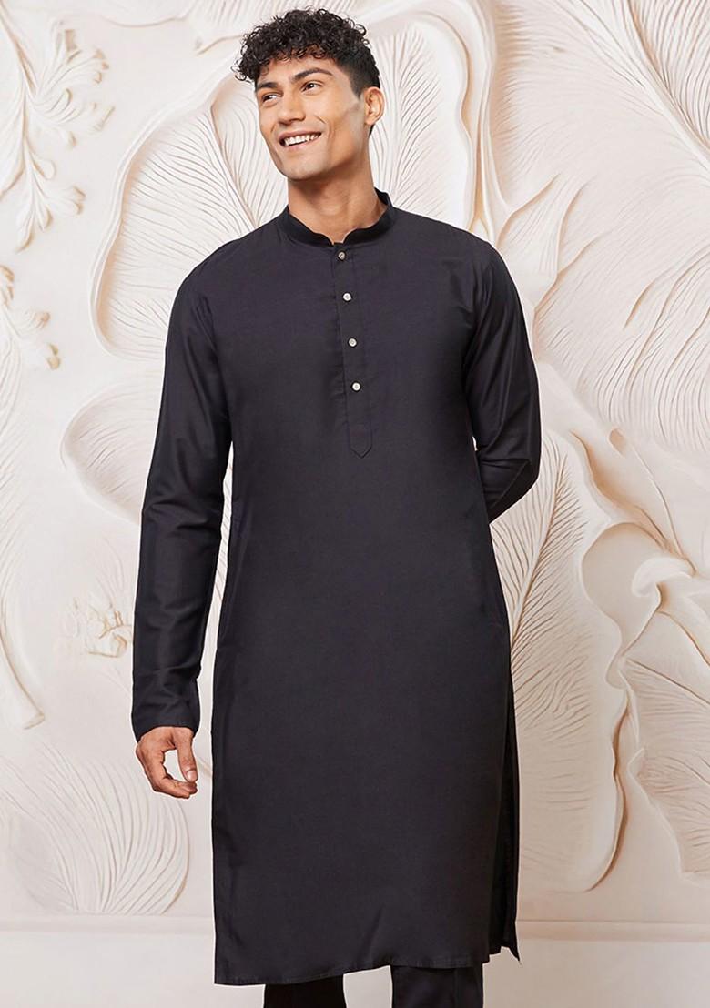 Black Solid Poly Blend Kurta For Men