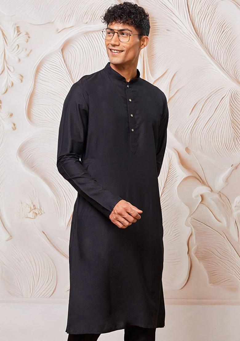 Black Solid Poly Blend Kurta For Men