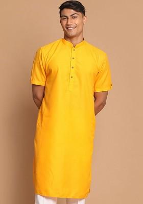Mustard Solid Cotton Kurta For Men